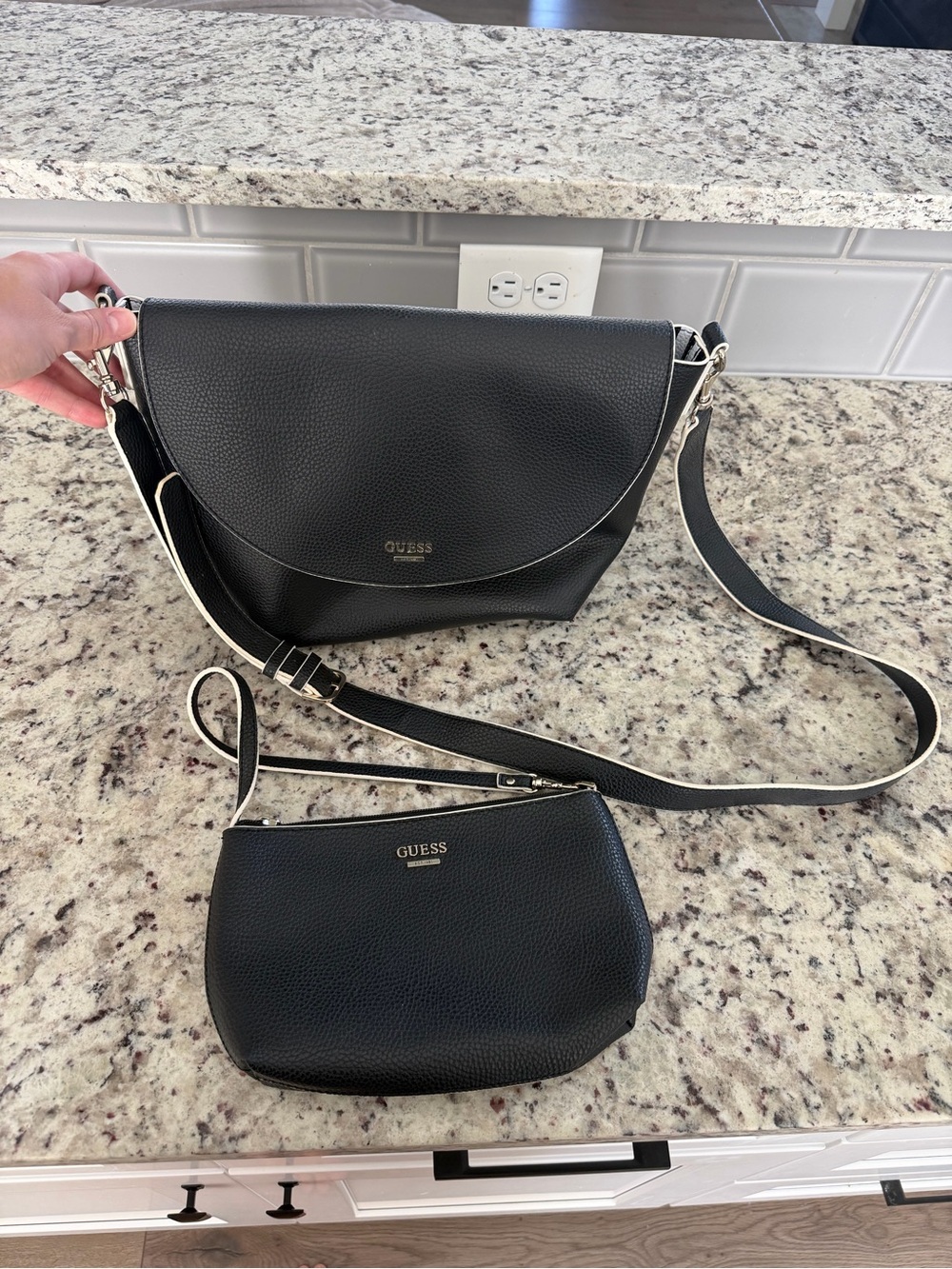 GUESS Black Pebbled Crossbody Bag with Matching Pouch